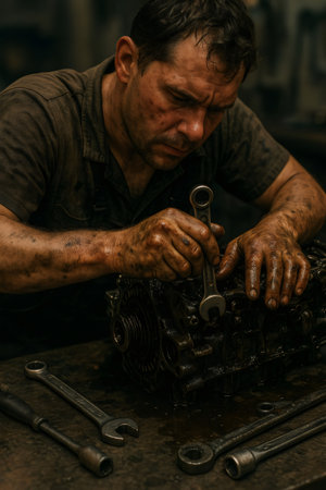 Male mechanic with dirty hands wrenching on a car engine, symbolizing hard work, expertise, and precision in auto repairの素材