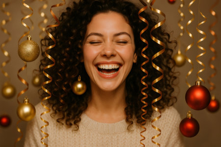 Happy young woman with curly hair laughing heartily surrounded by golden ribbons and Christmas ornaments, radiating joy and cheerの素材