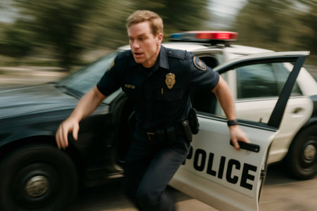 Police officer quickly exiting a patrol car with motion blur, embodying speed, urgency, and law enforcement in actionの素材