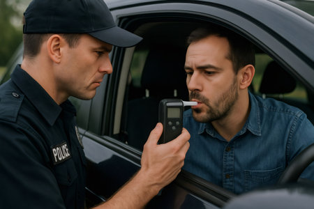 Police officer administering an alcohol breathalyzer test to a man driving a car during a roadside sobriety checkの素材