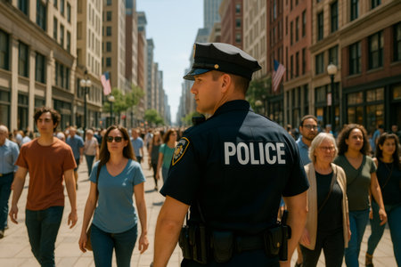 Police officer standing in uniform, providing safety and security in a crowded urban environment during daytimeの素材