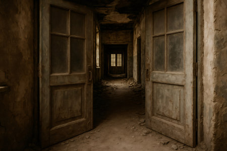 Exploring a dark, long hallway in an old abandoned building, showing decaying walls and open doors leading toward a distant windowの素材