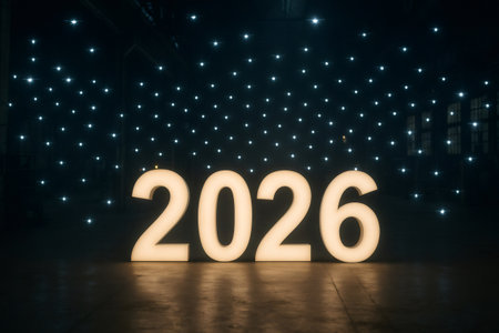 Illuminated year 2026 numbers on a dark floor with a future themed drone light display in a modern spaceの素材