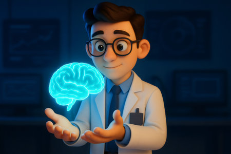 Smiling cartoon scientist wearing glasses and lab coat presenting a glowing blue holographic human brain in a dark lab settingの素材