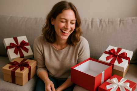 Young woman on sofa joyfully laughing, surrounded by wrapped presents and an open box, celebrating a special occasionの素材