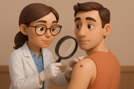 Doctor checking a man's arm with a magnifying glass, focusing on a dark mole, for dermatology consultation and early detectionの素材