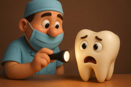 Dentist character checking a worried tooth with a flashlight, conceptualizing dental fear, oral care, and check upsの素材