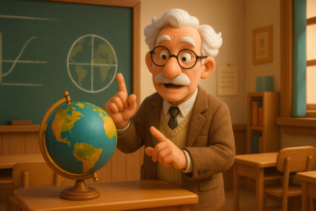 Animated senior professor teaching geography concepts, pointing to a world globe in a classroom setting with a blackboardの素材