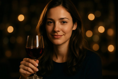 Beautiful woman holding a glass of red wine, smiling at camera. Enjoying a relaxing moment during an evening eventの素材