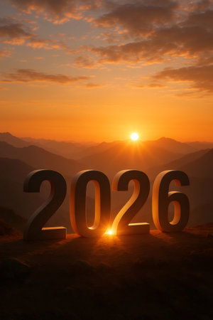 New year 2026 numbers on a mountain peak, lit by a radiant sunrise, creating a hopeful and new beginning atmosphereの素材