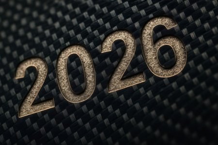 Year 2026 numbers engraved into a dark woven carbon fiber material, representing future technology and innovationの素材