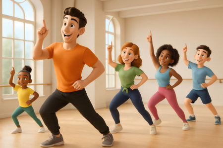 Group of animated characters performing energetic dance moves in a bright studio, celebrating fitness, learning, and funの素材