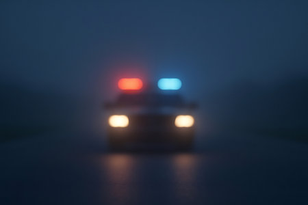 Emergency vehicle approaching, its red and blue lights flashing through the dense night fog, creating a moody and urgent atmosphereの素材