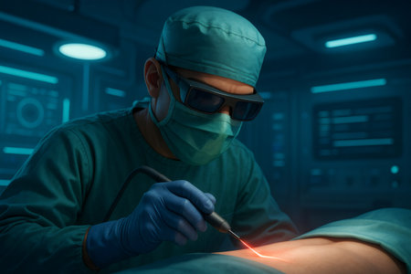 Medical professional in surgical scrubs, mask, and protective glasses using a high tech laser scalpel for a precise operation, symbolizing advanced healthcare technologyの素材