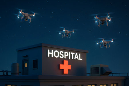 Drones navigating nighttime sky above a hospital building, symbolizing modern healthcare tech, emergency medical delivery, and innovationの素材