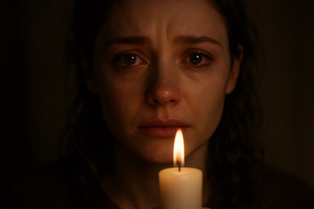 Woman's tearful face illuminated by candlelight, expressing grief and sadness, seeking solace and hope in a dark, somber momentの素材