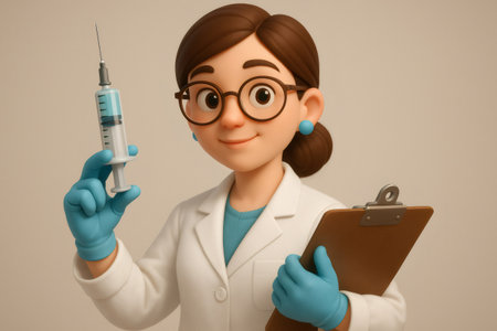 Cartoon woman character wearing white lab coat and blue gloves, holding a syringe and a clipboard, ready for medical workの素材