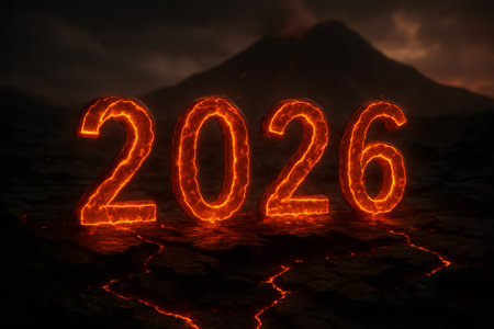 Year 2026 numbers appearing with a glowing lava texture over cracked earth, an erupting volcano in the dark backgroundの素材