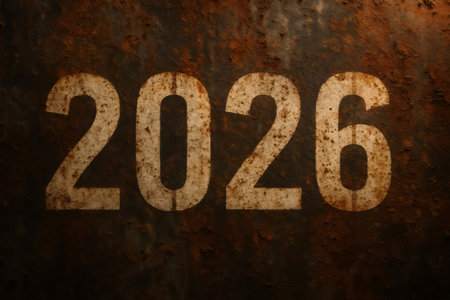 Number 2026 showing on a corroded metal surface, conveying concepts of time, age, and industrial textureの素材