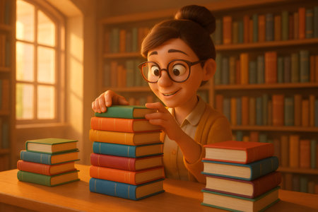 Cartoon woman wearing glasses, happily stacking a pile of colorful books on a wooden desk inside a libraryの素材