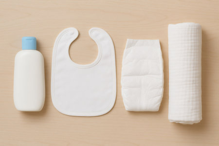 Baby care items including lotion bottle, bib, diaper, and towel arranged on a light wood table, symbolizing new parenthoodの素材