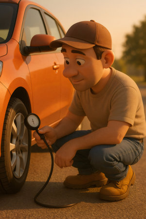 Cartoon man testing car tire pressure on the road, ensuring vehicle safety and performing routine auto maintenanceの素材