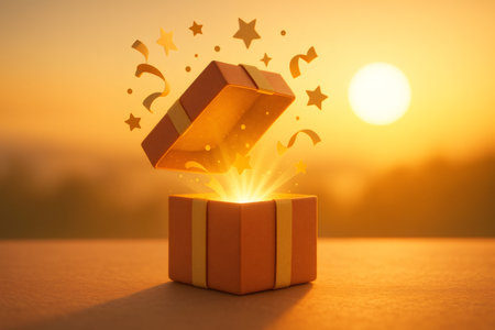 Open gift box revealing glowing light rays, stars, and confetti against a warm golden sunset. Celebrating surprise and new beginningsの素材