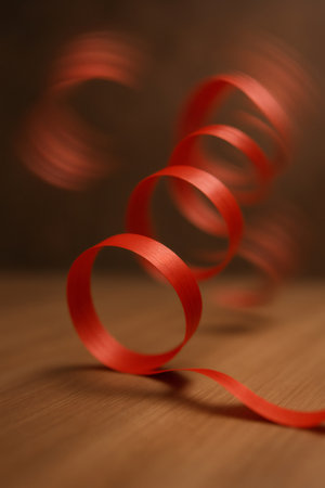 Red ribbon forming graceful animated curls and resting on a wooden surface, suggesting celebration, decoration, and movementの素材