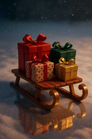 Wooden sleigh carrying wrapped presents in red, green, and gold, reflecting on frosty ground under falling snowの素材