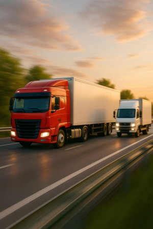 Red semi truck and white box truck driving on a multi lane highway, blurring motion capturing concepts of speed and deliveryの素材