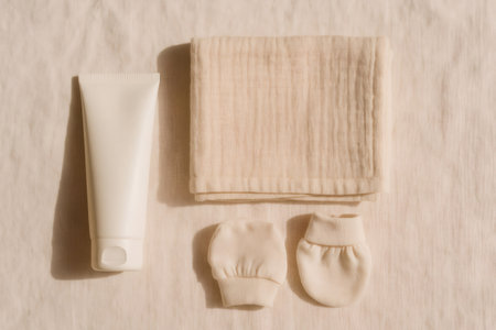 Baby care items flat lay. Neutral organic fabric towel, cream tube, and newborn body scratch mittens on textile backgroundの素材