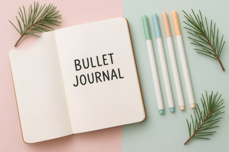 Bullet journal open on a pastel background, showing markers and pine branches, representing planning and creativityの素材