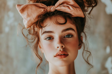 Portrait of young woman with creative bow hairstyle, natural makeup, and soft lighting creating an artistic fashion lookの素材