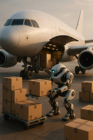 Futuristic robot moving cardboard boxes near a cargo plane, symbolizing automated logistics and future air freight technologyの素材
