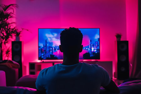 Individual enjoying digital entertainment in a modern living room, immersed in a home cinema setup with vibrant ambient lightの素材