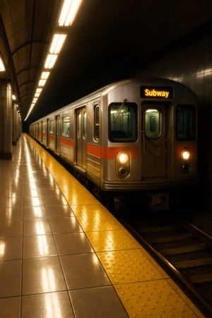 Subway train arriving at a dark underground station platform, illuminated by ceiling lights and a bright yellow safety stripの素材