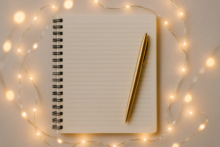 Blank spiral notebook with a golden pen on paper surrounded by sparkling string lights, creating a luminous and cozy atmosphereの素材