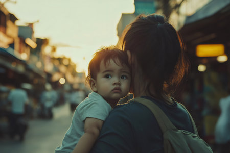 Mother carrying child on her back, walking outdoors at golden hour. Warm light illuminating the child's faceの素材