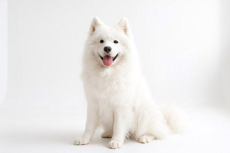 Samoyed dog sitting, smiling with an open mouth and tongue out, looking at the camera on a plain white studioの素材