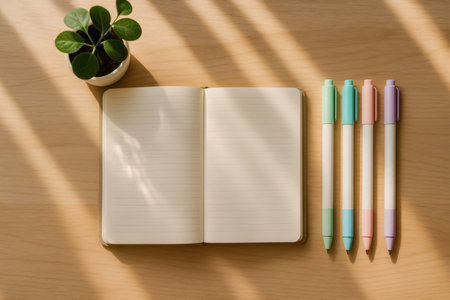 Open blank notebook with pastel pens and a small green plant on a wooden desk, with window light and shadow stripesの素材