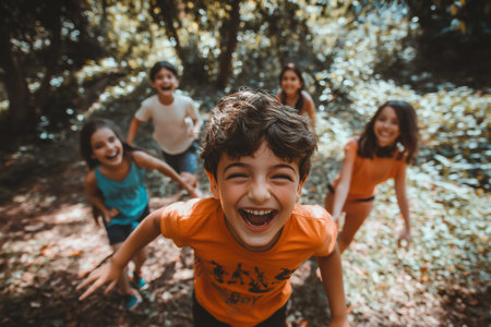 Children expressing joy and happiness while playing together in a park. A group of diverse kids enjoying fun momentsの素材