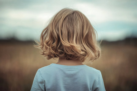 Child standing in a field, back to camera, observing the vast natural landscape. Concept of childhood, future, and discoveryの素材