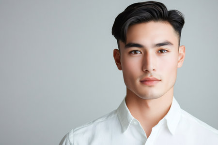 Young man with a clear complexion and modern hairstyle looking directly, conveying calm confidence against a neutral backgroundの素材