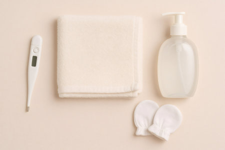 Newborn health and hygiene items including a thermometer, towel, liquid soap dispenser, and baby mittens for daily careの素材