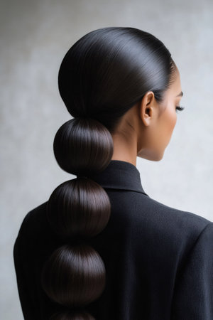 Woman from behind showcasing a perfectly styled dark bubble ponytail, emphasizing modern beauty and elegant hair fashionの素材