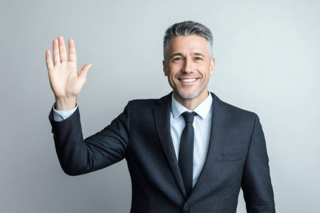 Smiling businessman showing hand, greeting or saying goodbye. Concept of professional communication, welcome, or stopの素材