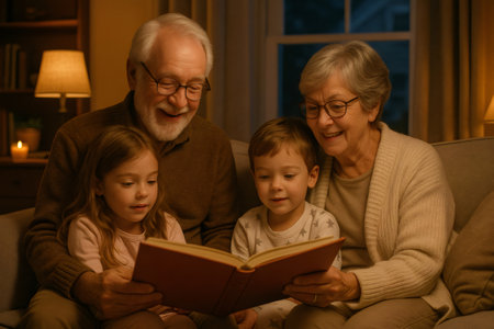 Grandparents enjoy reading a storybook to their young grandchildren, fostering togetherness and learning in a cozy evening settingの素材