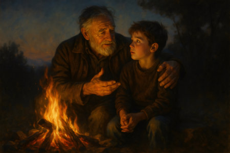 Grandfather and grandson sharing stories by a warm campfire at night, fostering intergenerational connection and traditionの素材