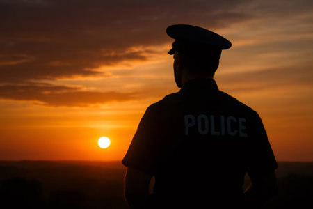 Police officer silhouette standing against a vibrant orange and yellow sunset, representing protection, duty, and authorityの素材