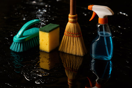 Cleaning supplies including a scrub brush, sponge, broom, and spray bottle reflecting on a wet, dark surfaceの素材